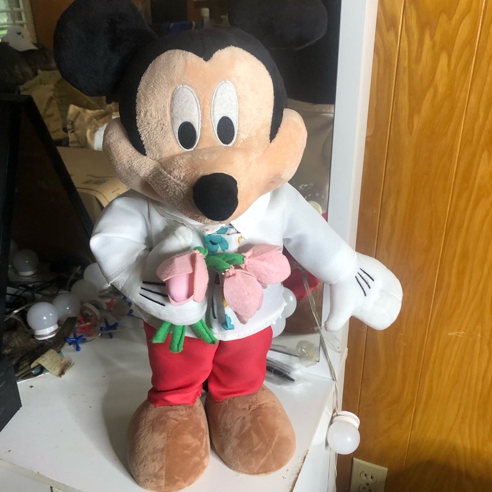 Vintage Disney Mickey Mouse Plush in Black, Tan, Red, White with Pink Flowers